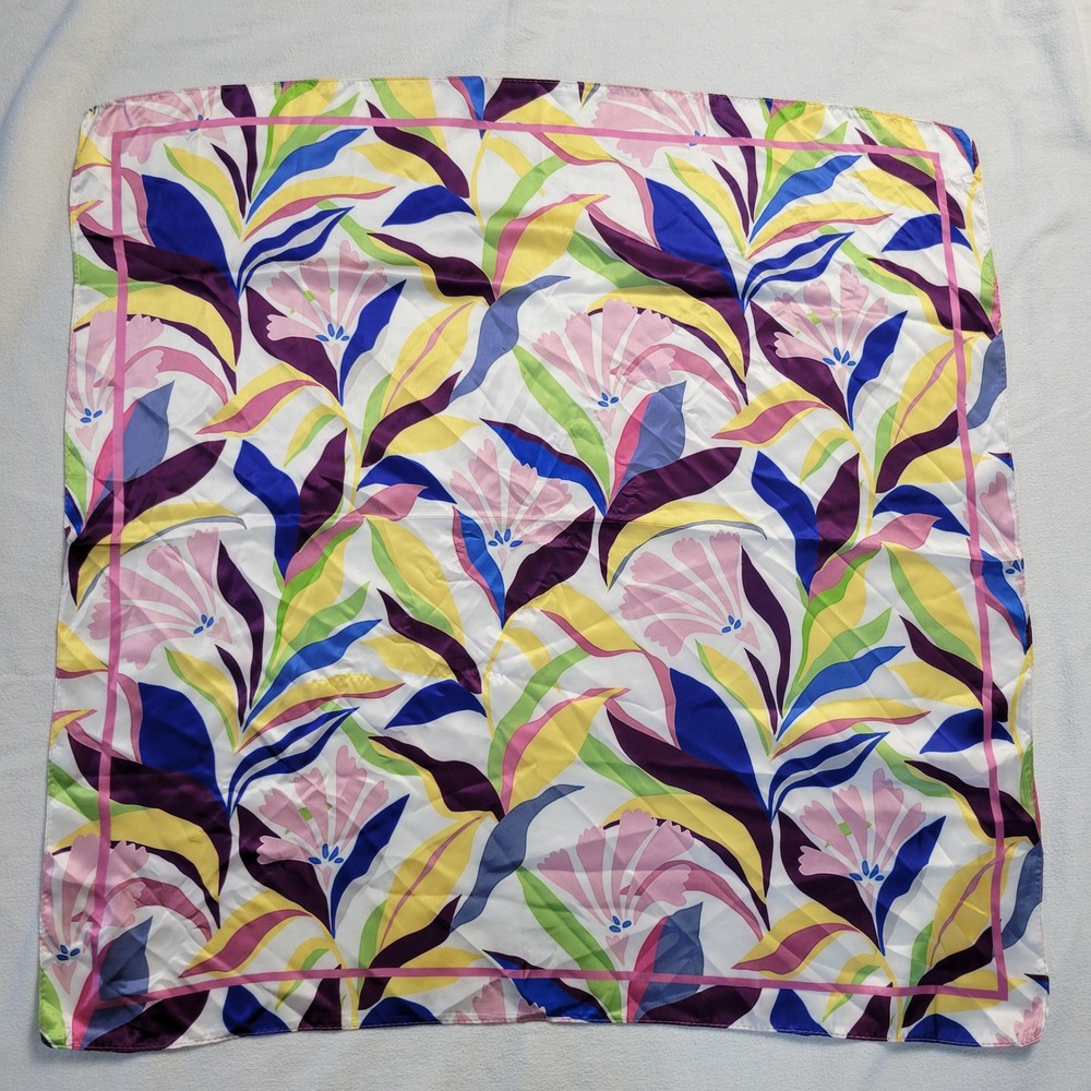 Floral‎ Tropical Print Satin Square Scarf Pink Blue Yellow Botanical 28x28 NWOT